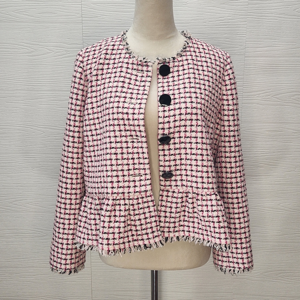Kate Spade New York Pink Cropped Tweed Peplum Jacket Size 8 Fringe Bold Buttons - Picture 5 of 15